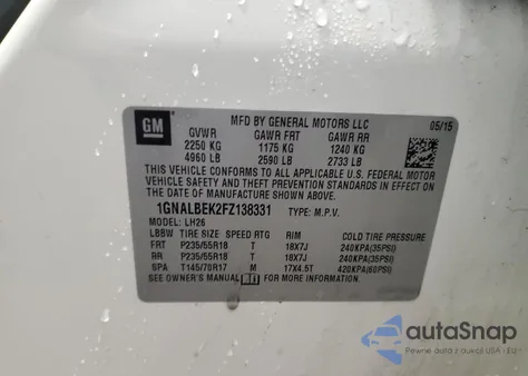 2015 Chevrolet Equinox Lt из США, поврежденный, VIN 1GNALBEK2FZ138331